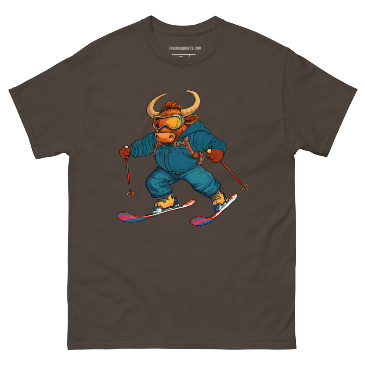 Skifahrer Stier Maenner T Shirt Dunkle Schokolade