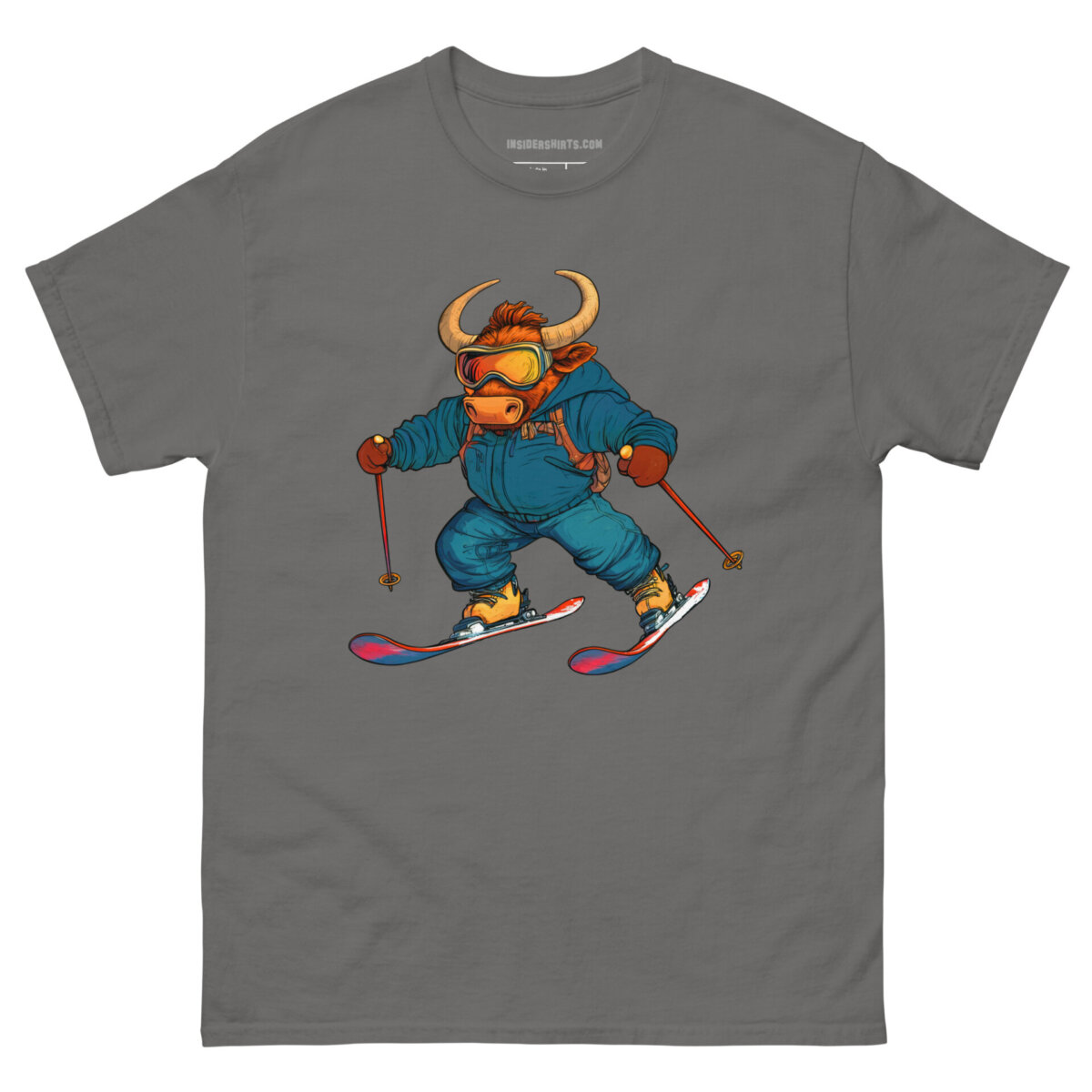 Skifahrer Stier Maenner T Shirt Holzkohle