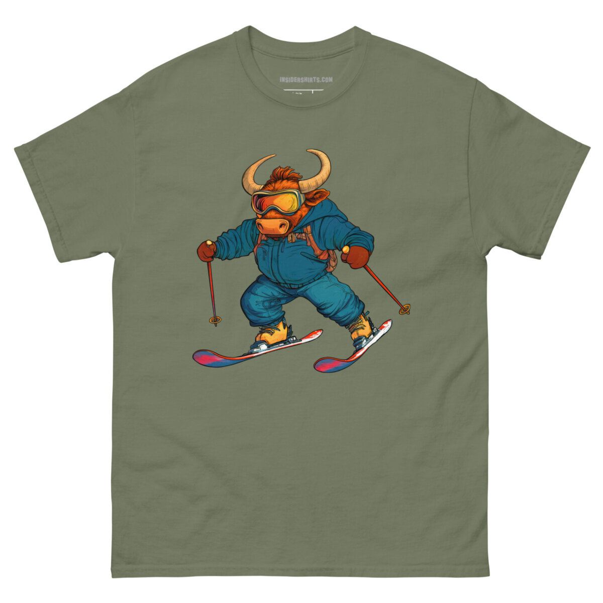 Skifahrer Stier Maenner T Shirt Militaergruen