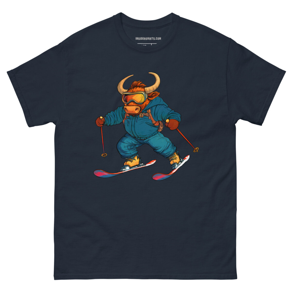 Skifahrer Stier Maenner T Shirt Navy