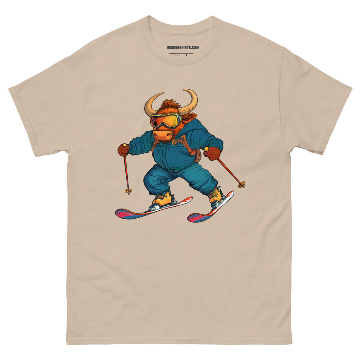 Skifahrer Stier Maenner T Shirt Sand
