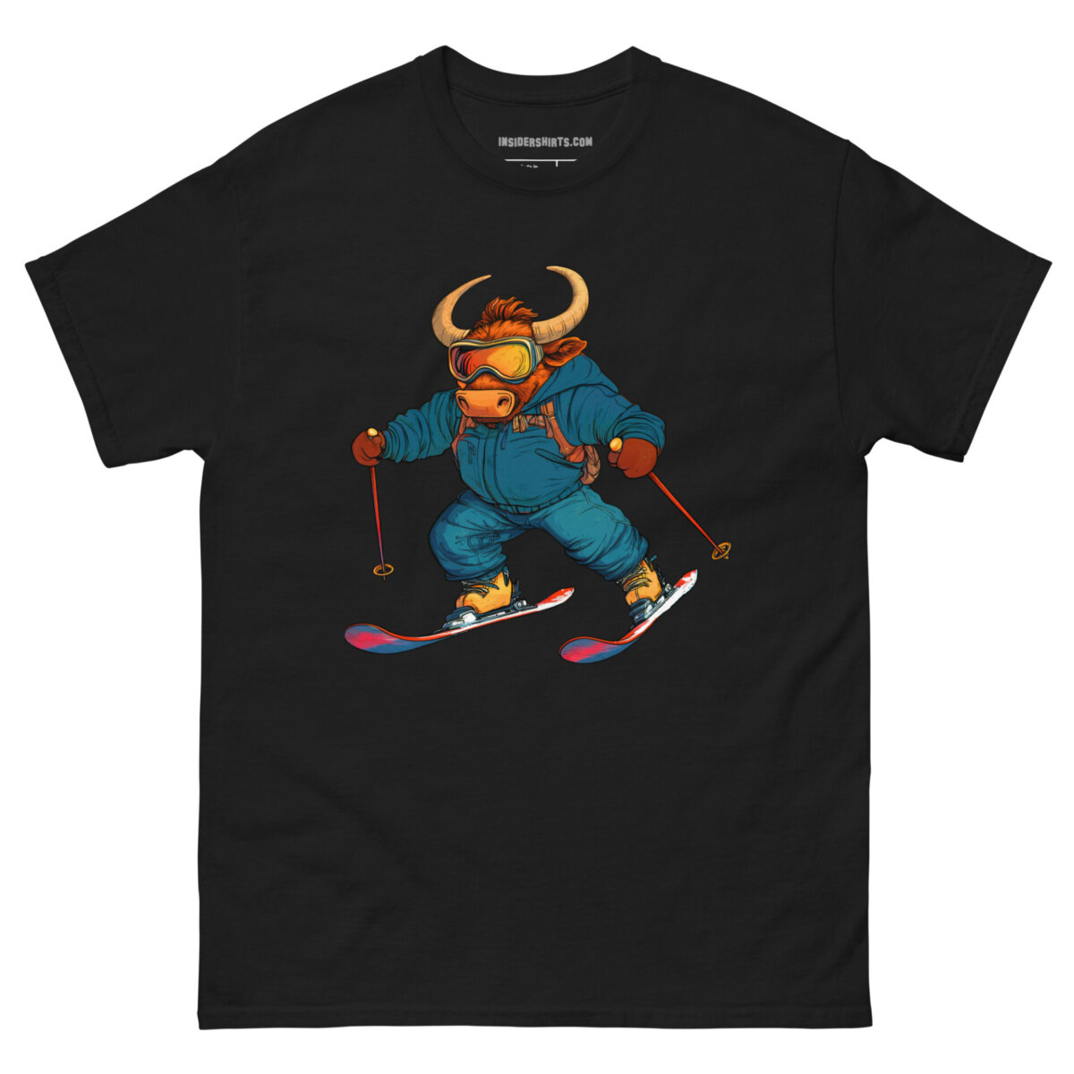Skifahrer Stier Maenner T Shirt Schwarz