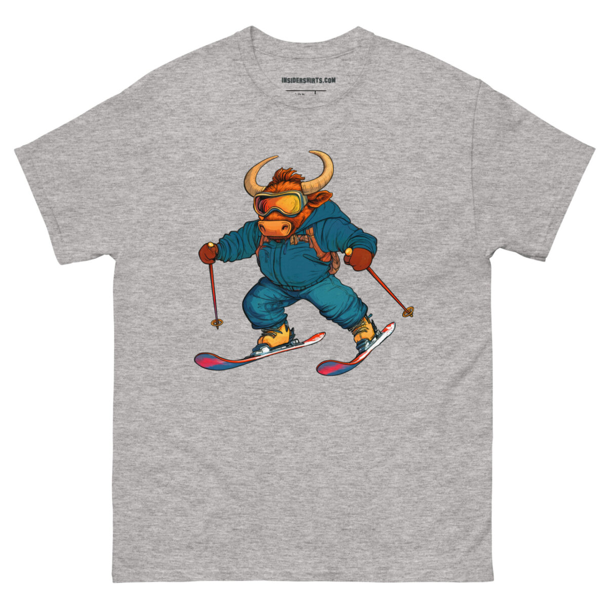 Skifahrer Stier Maenner T Shirt Sportgrau