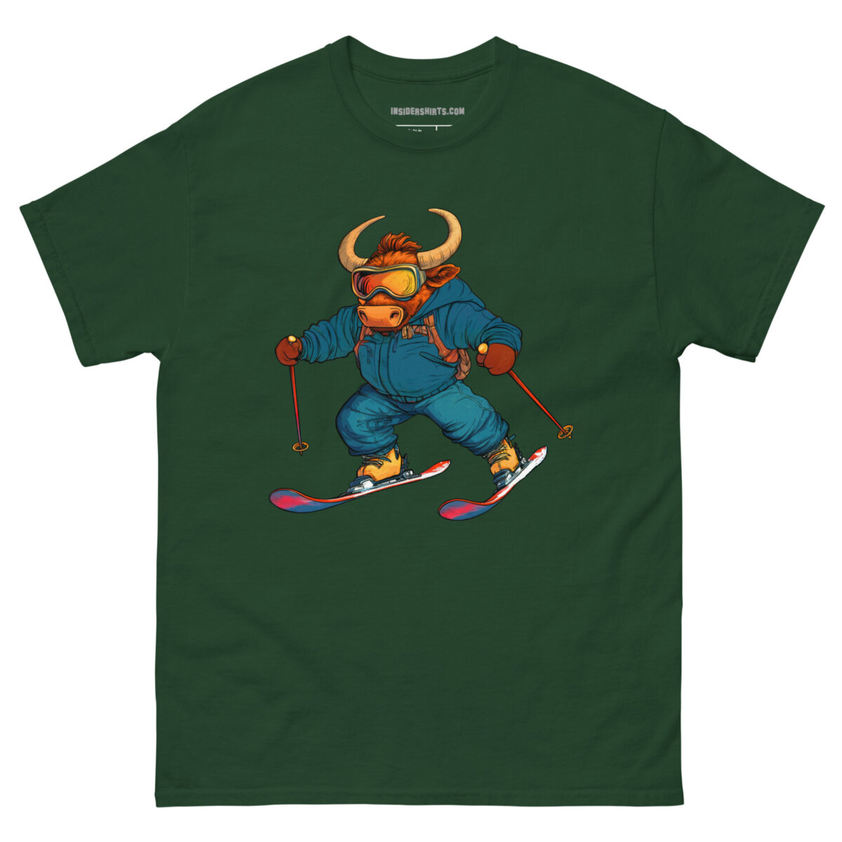 Skifahrer Stier Maenner T Shirt Waldgruen