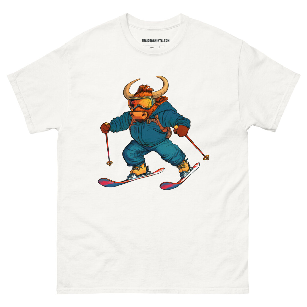 Skifahrer Stier Maenner T Shirt Weiss